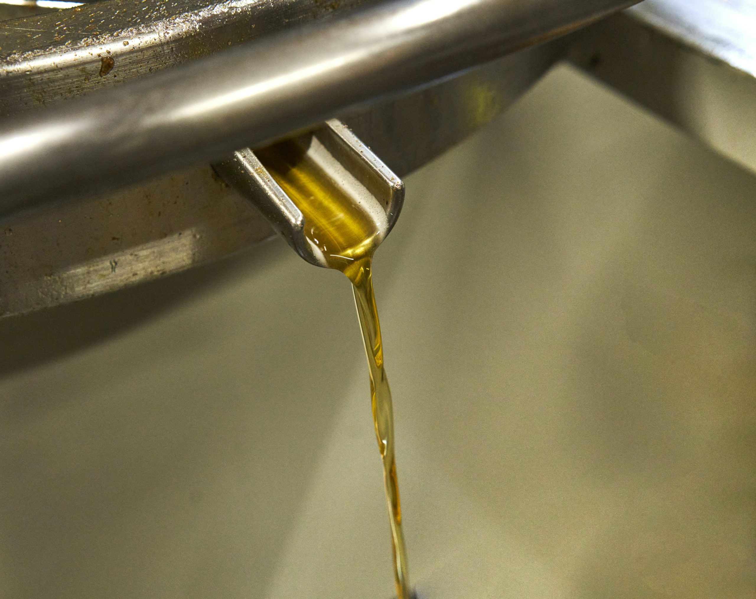 Golden extra virgin olive oil pouring in a continuous stream